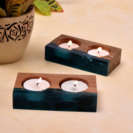 Wood and Epoxy Translucent Aqua Tea-Light Holder - 2 Piece